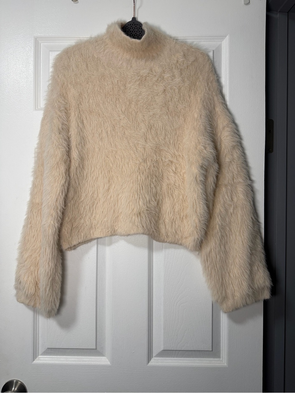 Lulus Cream Eyelash Fuzzy Mock Neck Cropped Sweater Size M - Picture 2 of 10
